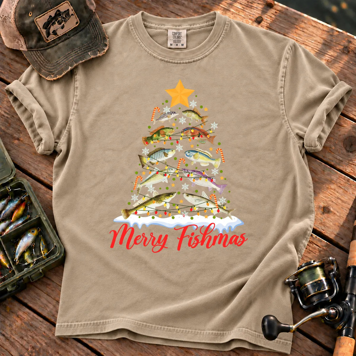 Merry Fishmas Fish Tree T-Shirt in Sandstone