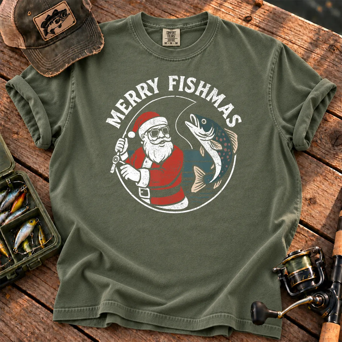 Merry Fishmas Santa Fishing T-Shirt in Moss