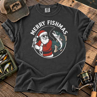 Merry Fishmas Santa Fishing T-Shirt in Pepper