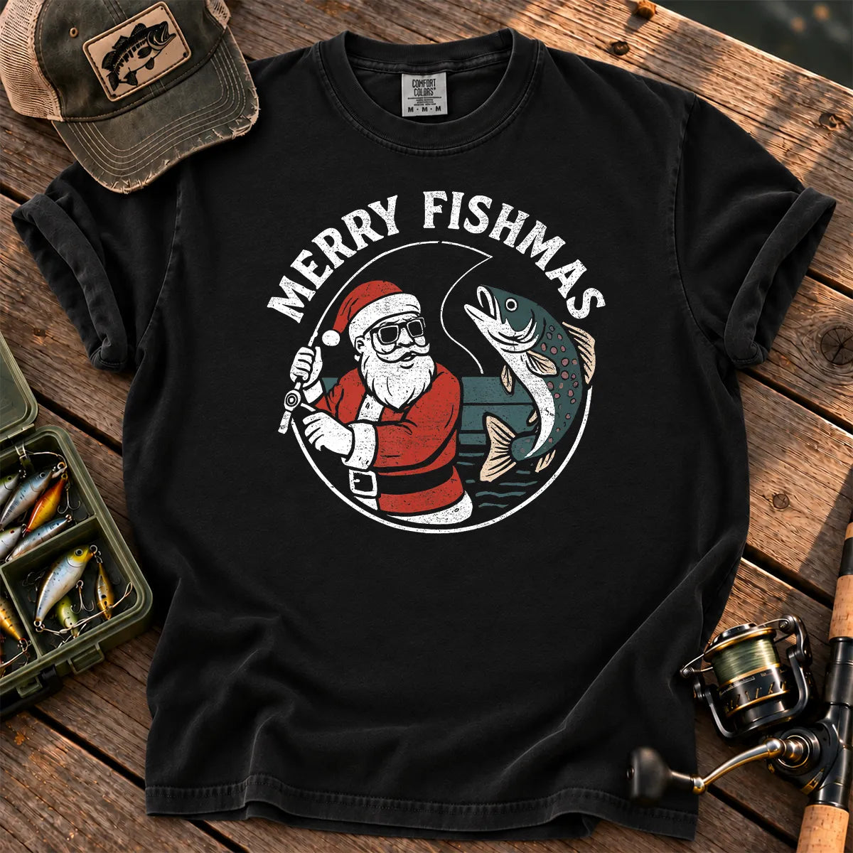 Merry Fishmas Santa Fishing T-Shirt in Black