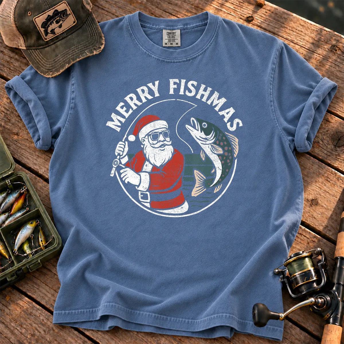 Merry Fishmas Santa Fishing T-Shirt in Blue Jean