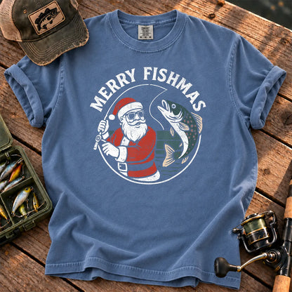 Merry Fishmas Santa Fishing T-Shirt in Blue Jean
