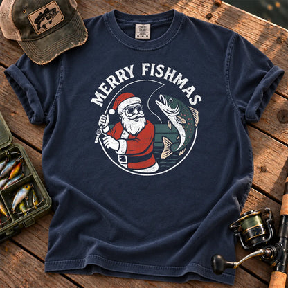 Merry Fishmas Santa Fishing T-Shirt in True Navy