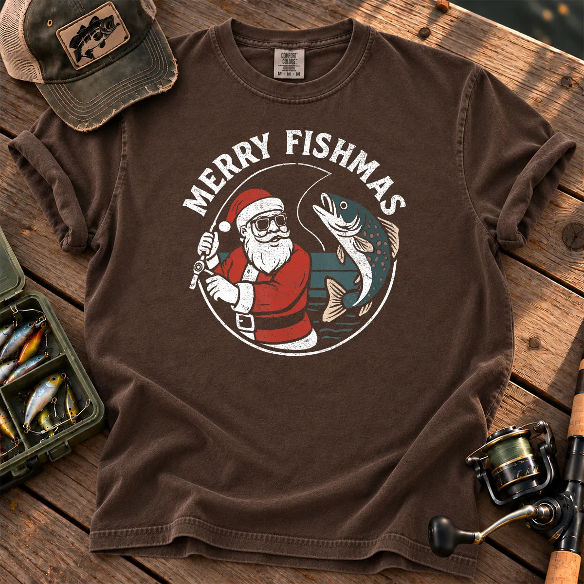 Merry Fishmas Santa Fishing T-Shirt in Espresso