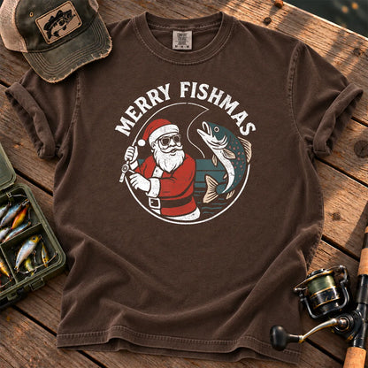 Merry Fishmas Santa Fishing T-Shirt in Espresso