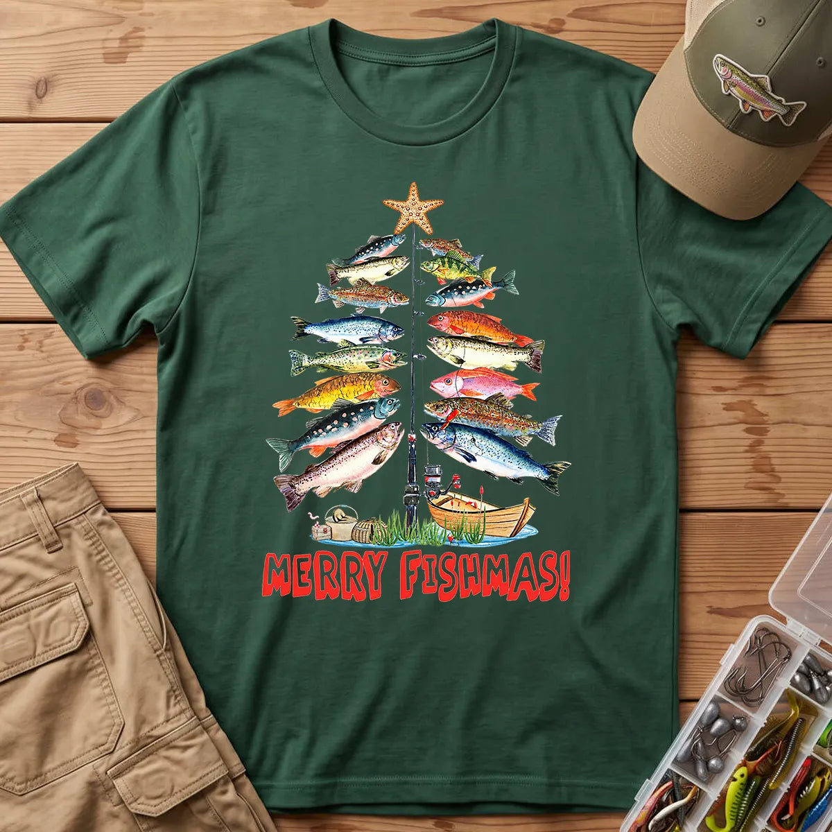 Merry Fishmas T-Shirt in Forest Green