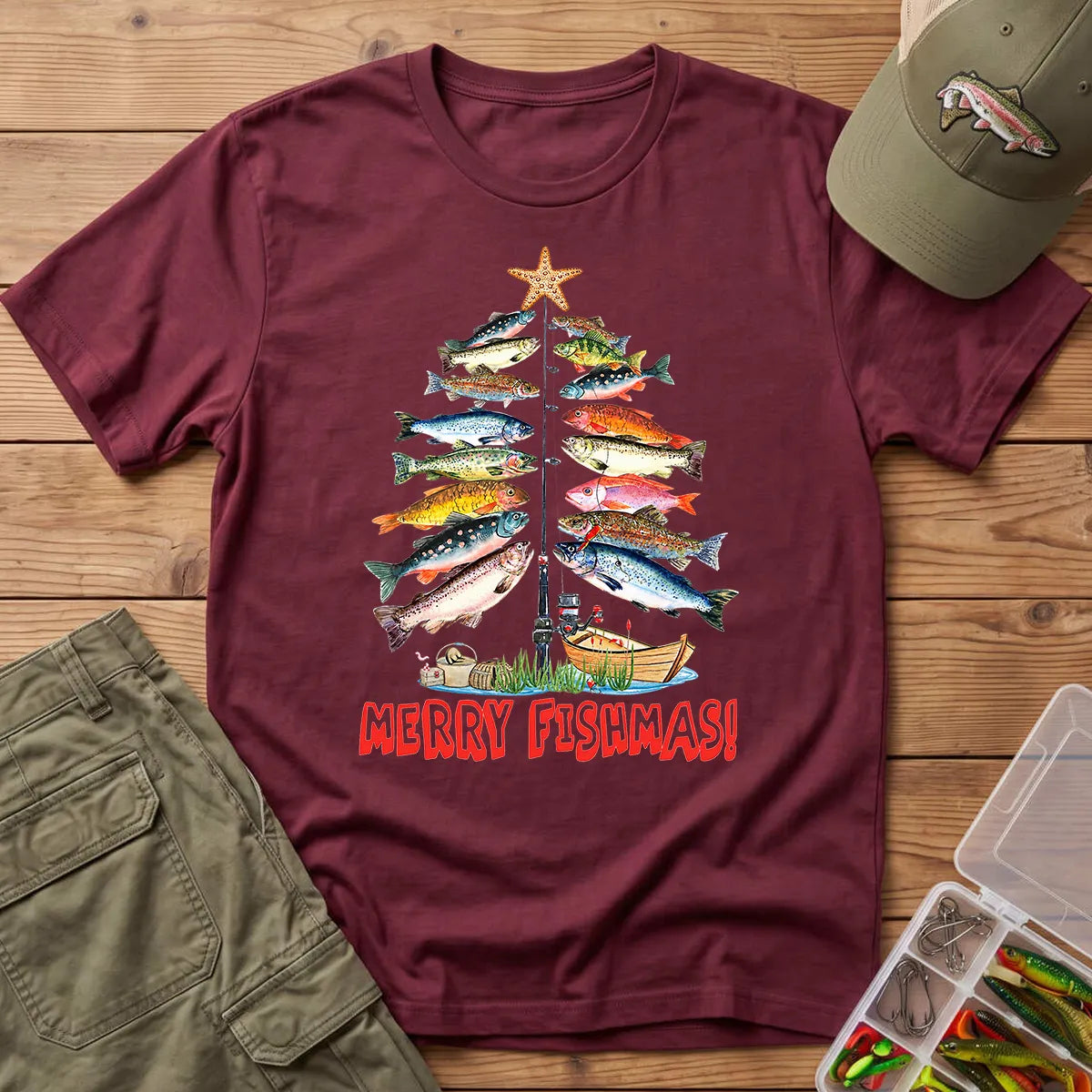 Merry Fishmas T-Shirt in Maroon