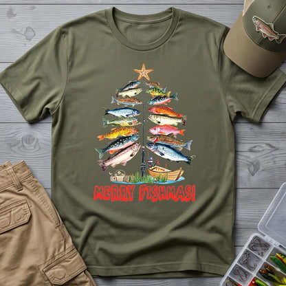 Merry Fishmas T-Shirt in Military Green