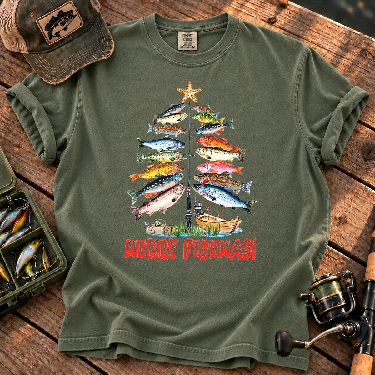 Merry Fishmas T-Shirt in Moss