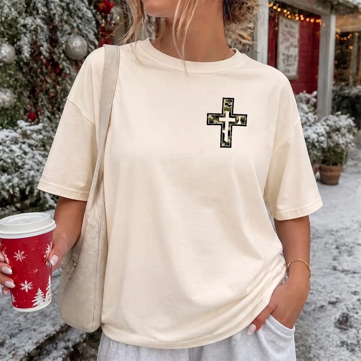 Minimal Camo Cross T-Shirt Women model in Ivory