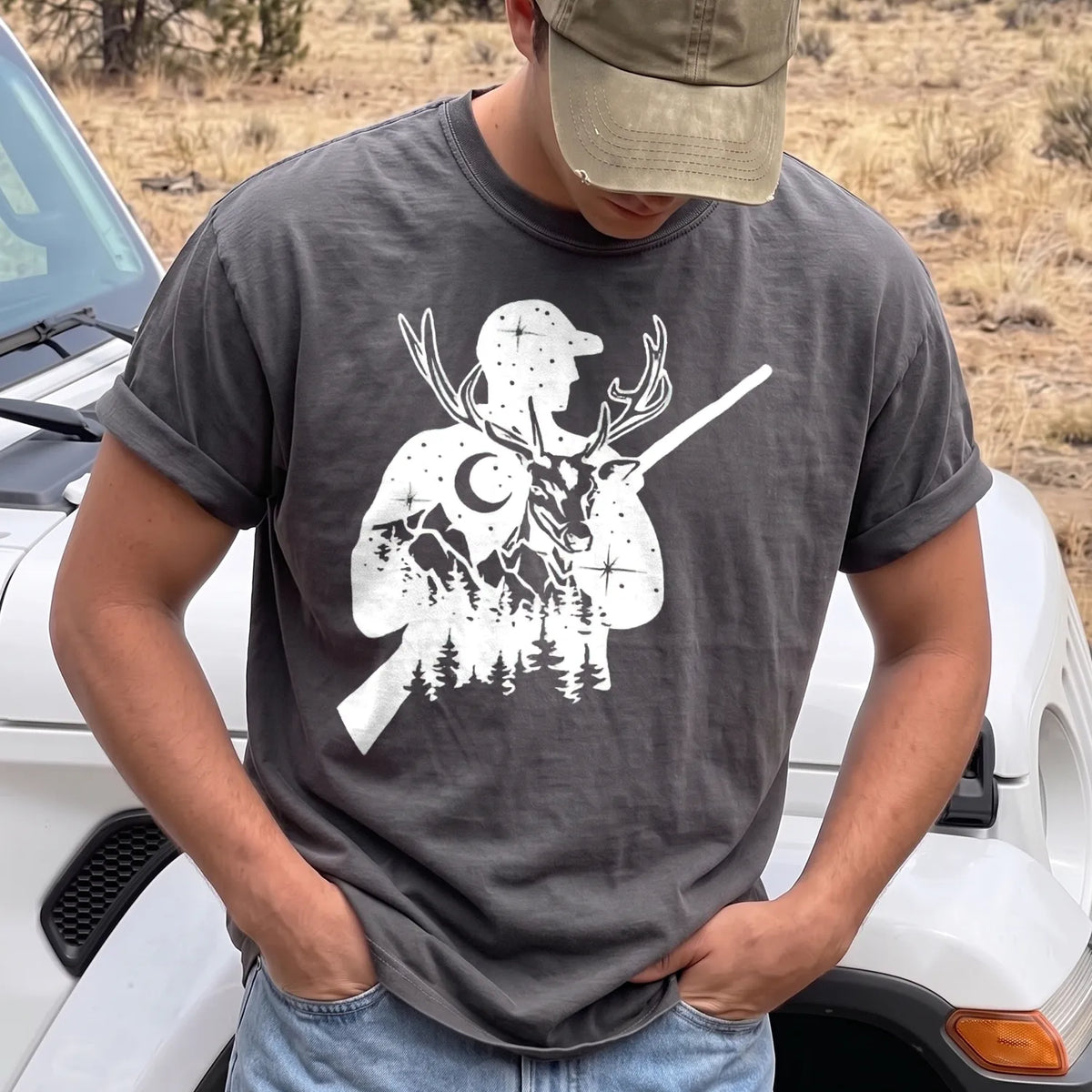 Moonlight Deer Hunter T-Shirt Men model in Pepper