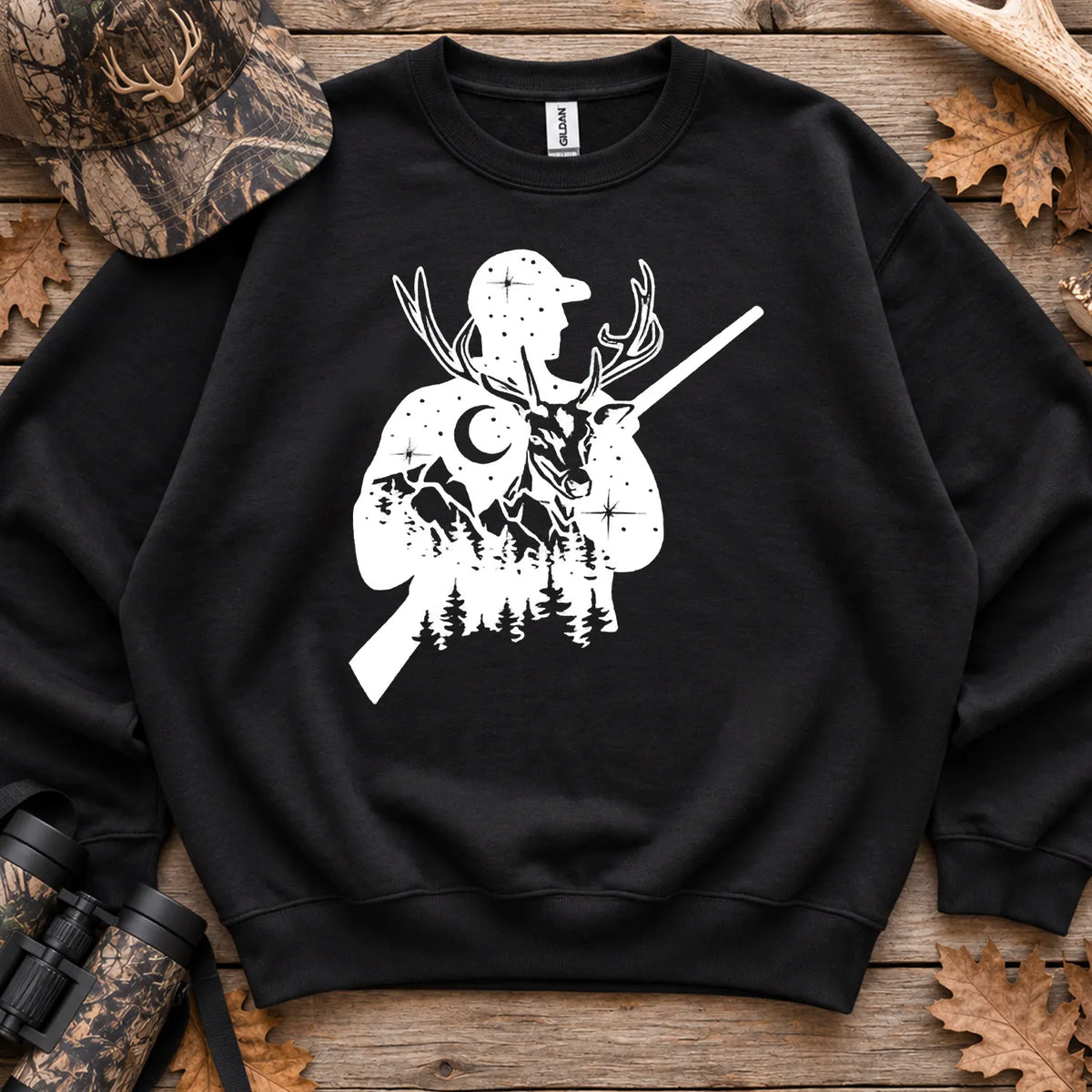 Moonlit Deer Hunter Silhouette Sweatshirt in Black