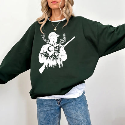 Moonlit Deer Hunter Silhouette Sweatshirt Women model in Forest Green