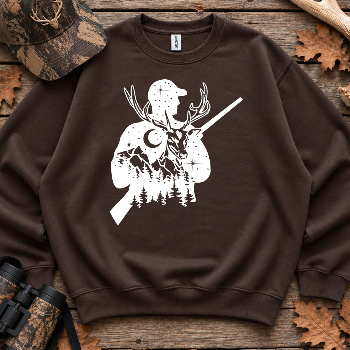 Moonlit Deer Hunter Silhouette Sweatshirt in Dark Chocolate