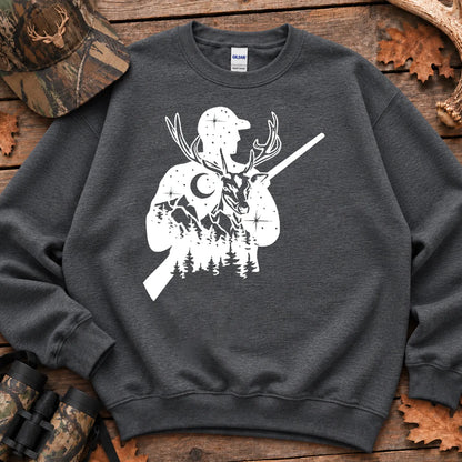 Moonlit Deer Hunter Silhouette Sweatshirt in Dark Heather