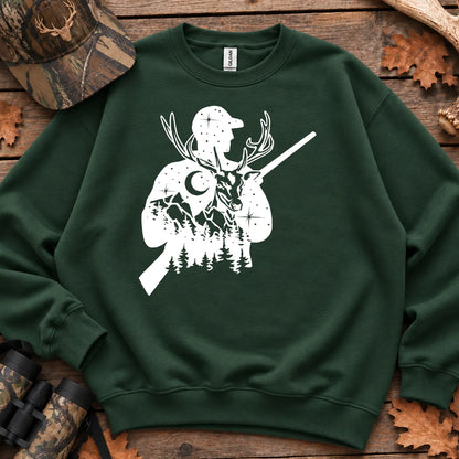Moonlit Deer Hunter Silhouette Sweatshirt in Forest Green