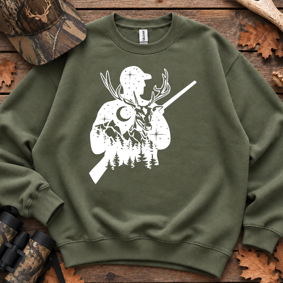 Moonlit Deer Hunter Silhouette Sweatshirt in Military Green