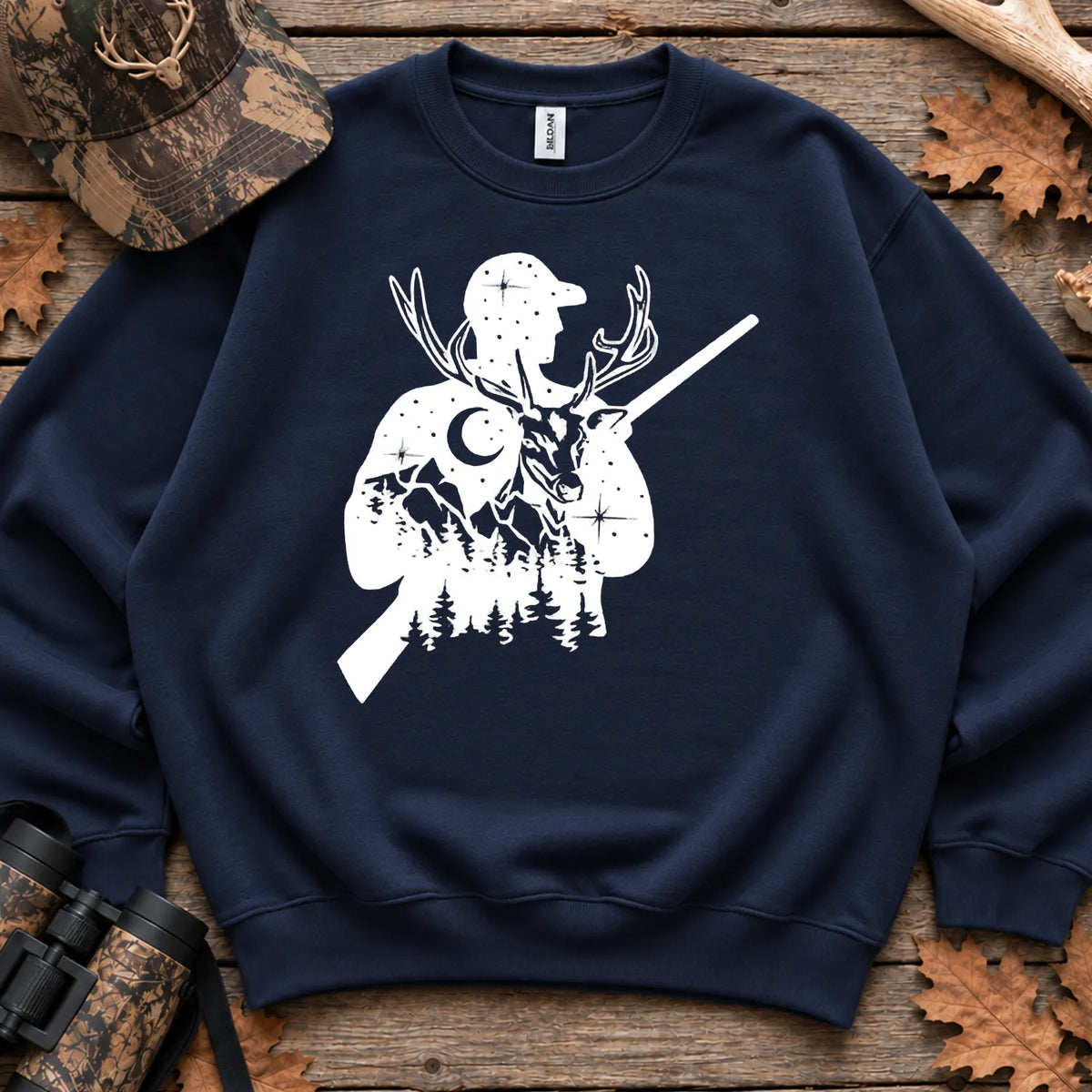 Moonlit Deer Hunter Silhouette Sweatshirt in Navy