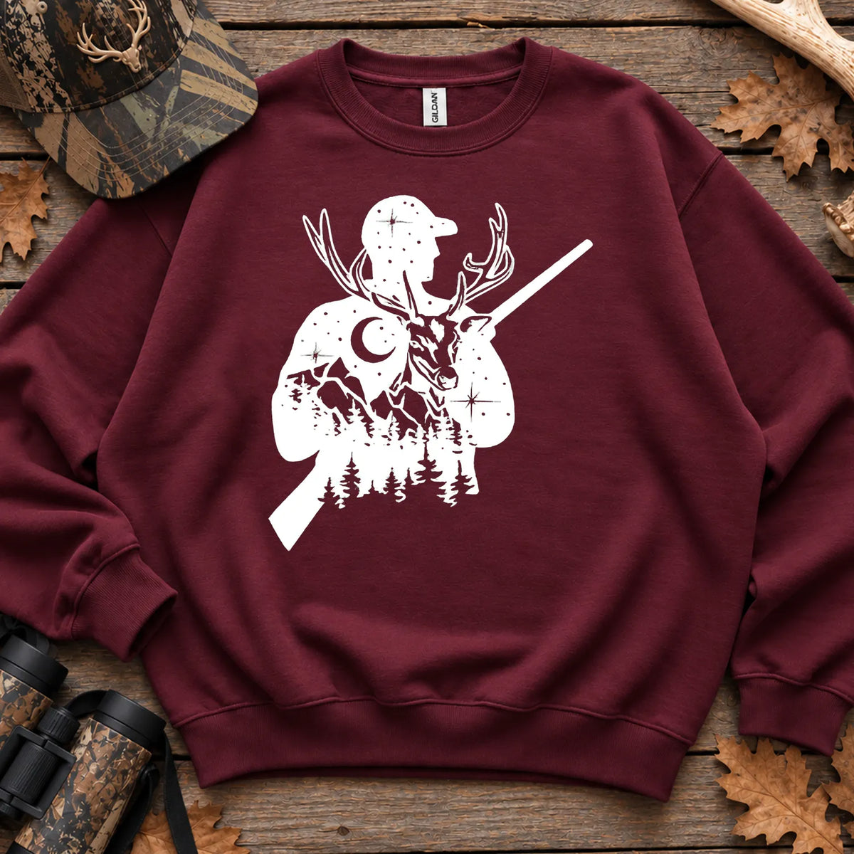 Moonlit Deer Hunter Silhouette Sweatshirt in Maroon