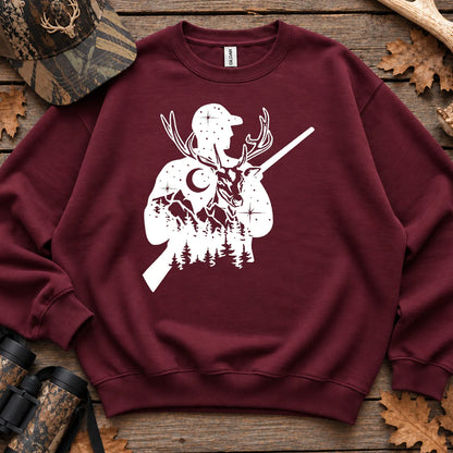 Moonlit Deer Hunter Silhouette Sweatshirt in Maroon