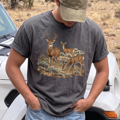 Mule Deer Family T-Shirt Men model in Pepper