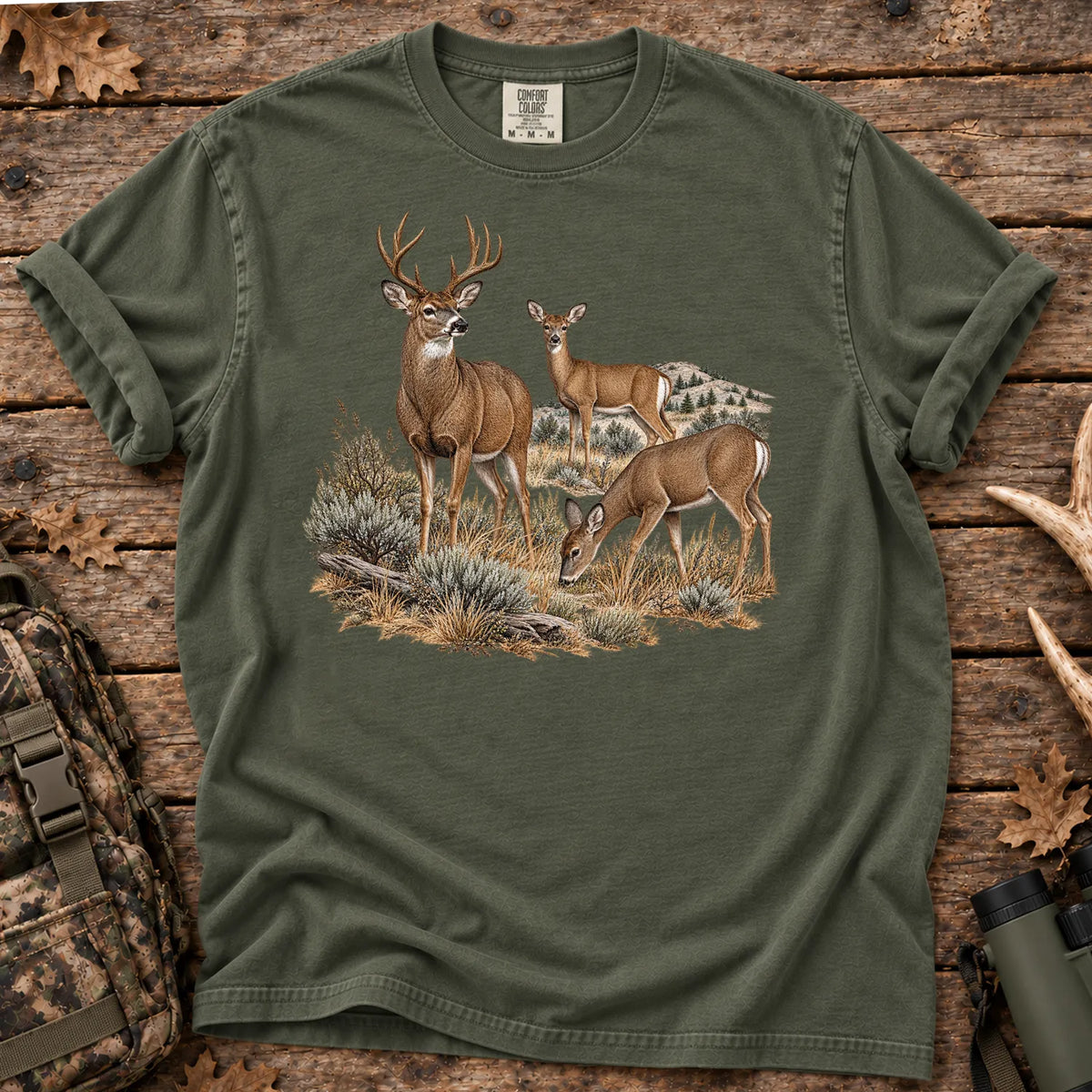 Mule Deer Family T-Shirt in Moss