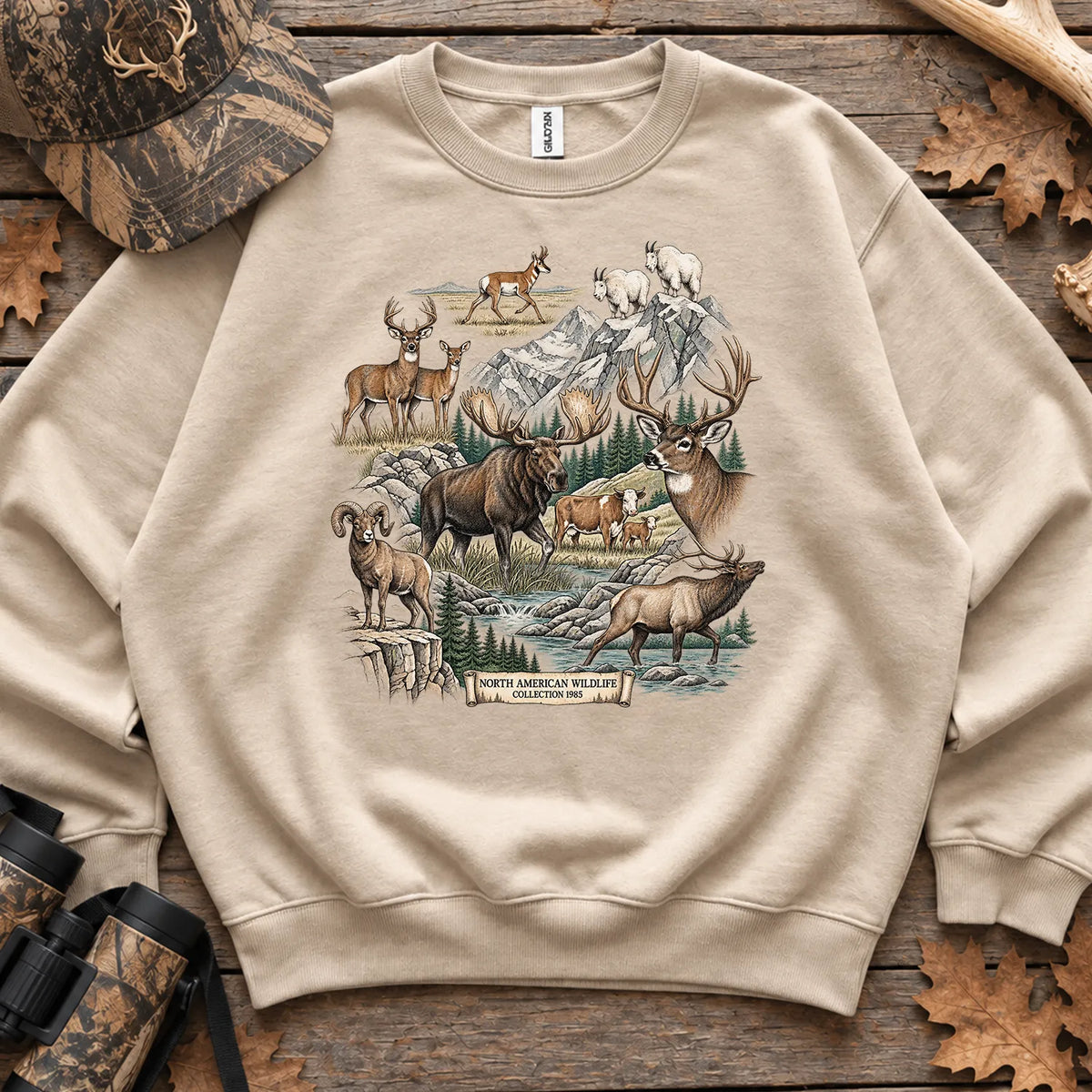 North American Wildlife Collage Sweatshirt in Sand