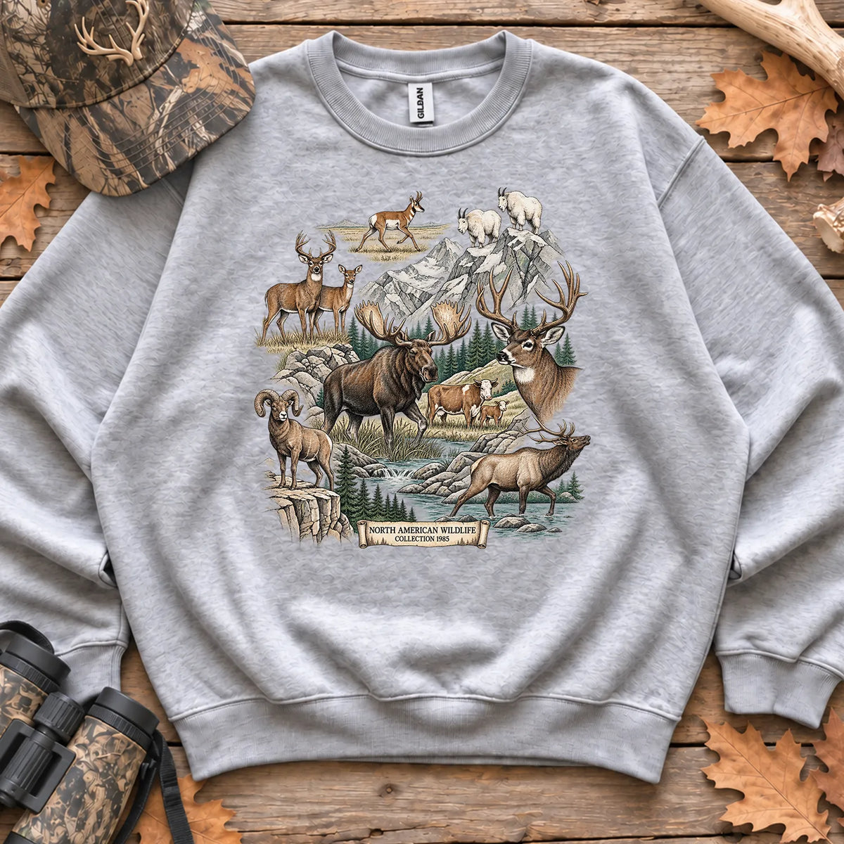 North American Wildlife Collage Sweatshirt in Sport Grey