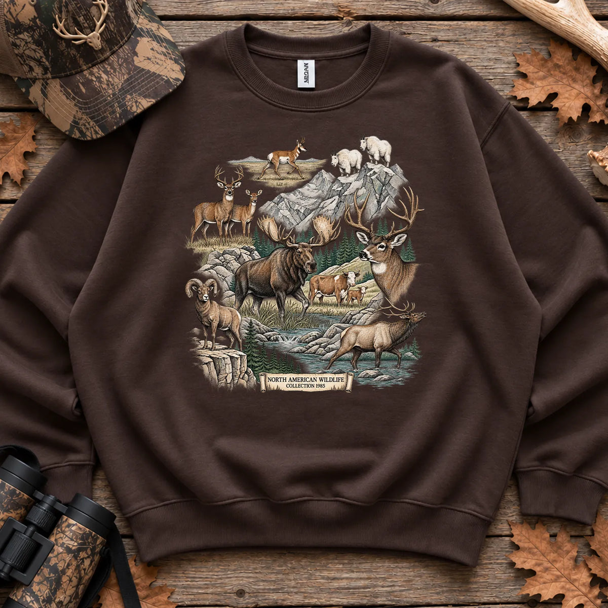 North American Wildlife Collage Sweatshirt in Dark Chocolate
