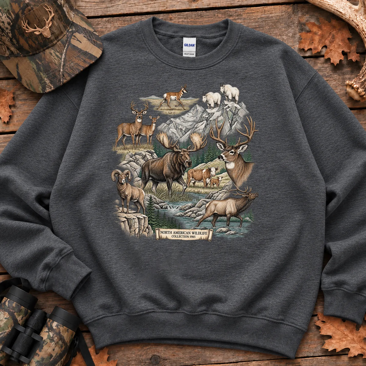 North American Wildlife Collage Sweatshirt in Dark Heather
