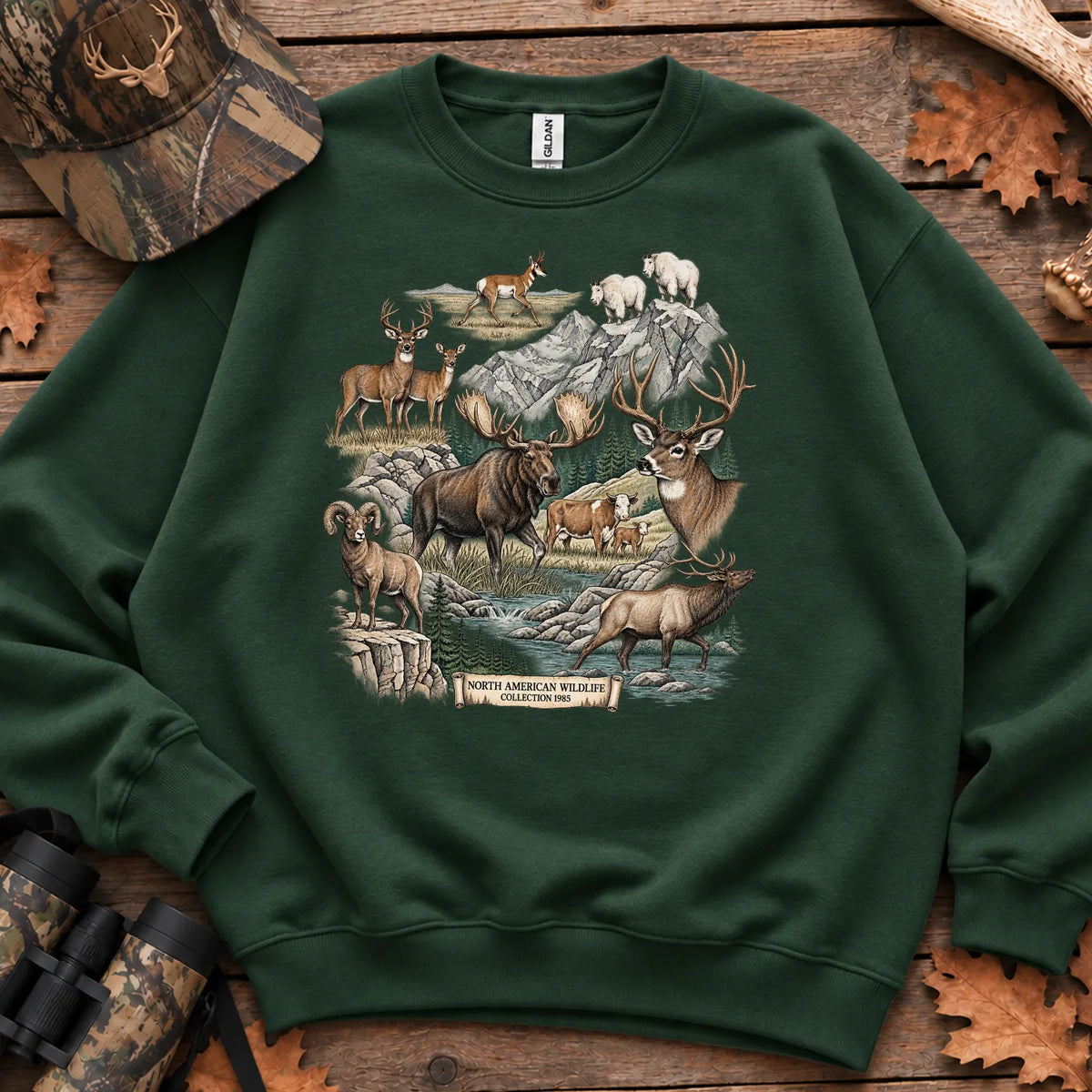 North American Wildlife Collage Sweatshirt in Forest Green