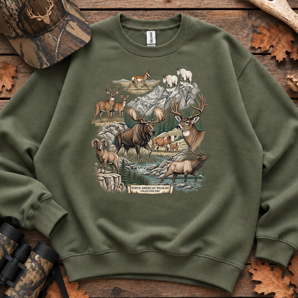 North American Wildlife Collage Sweatshirt in Military Green