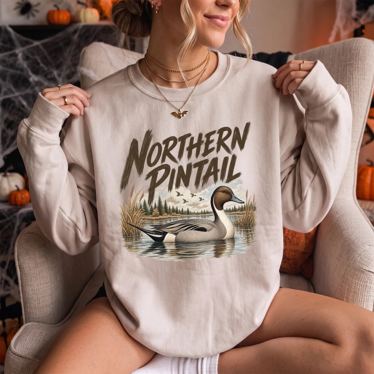 Northern Pintail Duck Sweatshirt Women model in Sand
