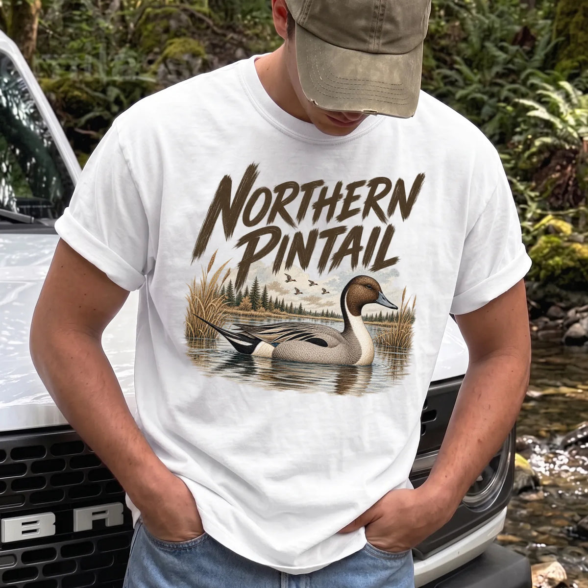 Northern Pintail Duck T-Shirt Men model in White