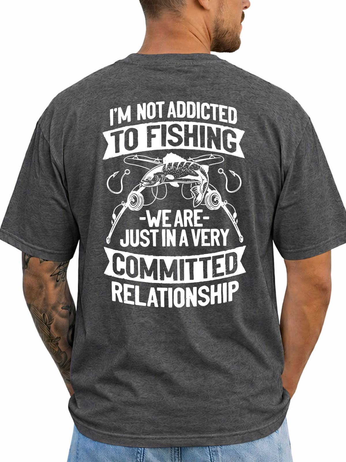 Dark Heather T-shirt back with fish, rods, hooks, and committed-relationship fishing joke