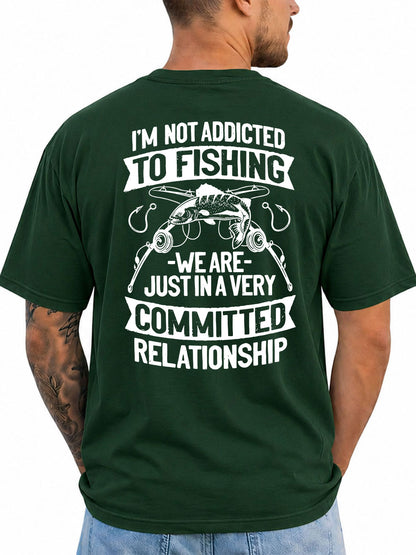 Forest Green T-shirt back with fish, rods, hooks, and committed-relationship fishing joke