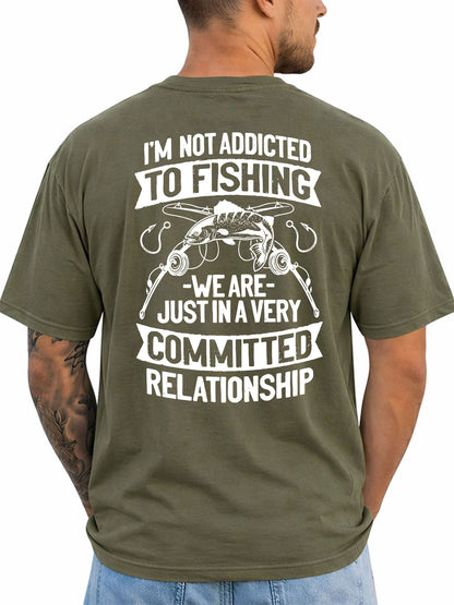 Military Green T-shirt back with fish, rods, hooks, and committed-relationship fishing joke