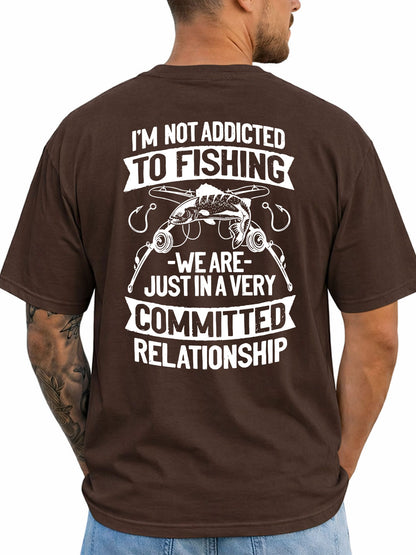 Dark Chocolate T-shirt back with fish, rods, hooks, and committed-relationship fishing joke