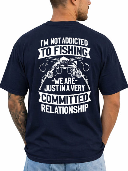 Navy T-shirt back with fish, rods, hooks, and committed-relationship fishing joke