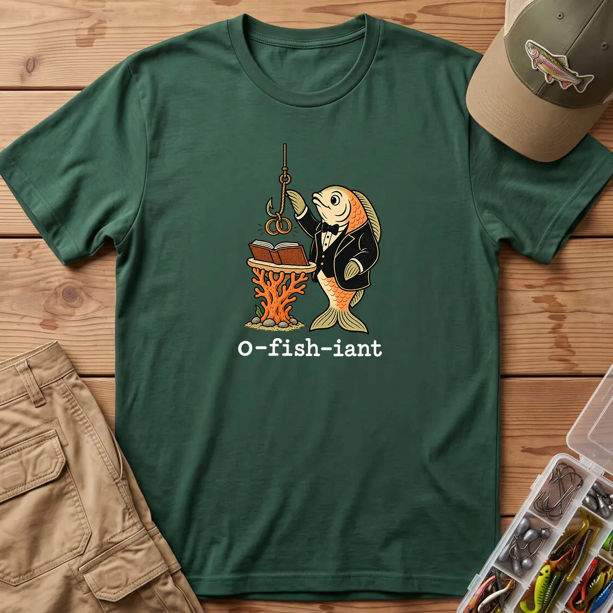 O-Fish-Iant Fishing Pun T-Shirt in Forest Green