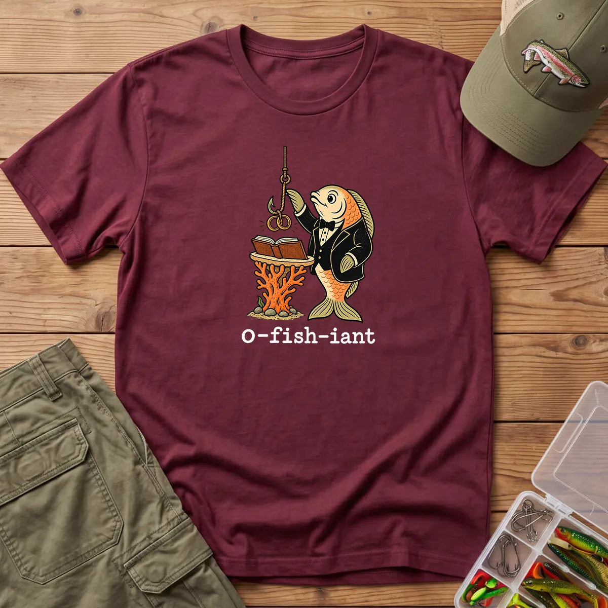 O-Fish-Iant Fishing Pun T-Shirt in Maroon