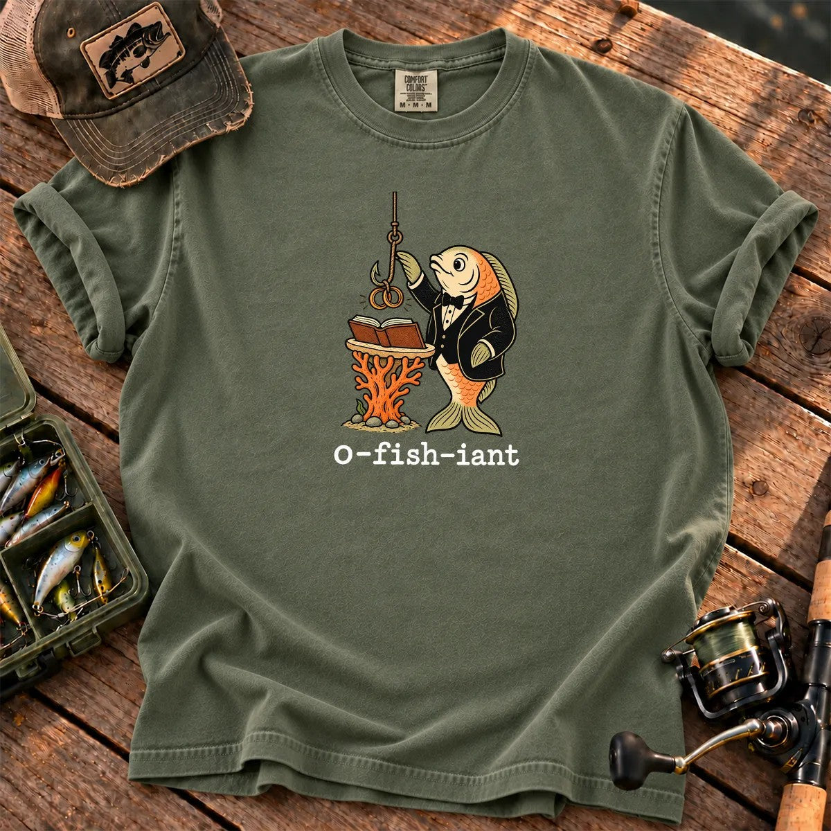 O-Fish-Iant Fishing Pun T-Shirt in Moss