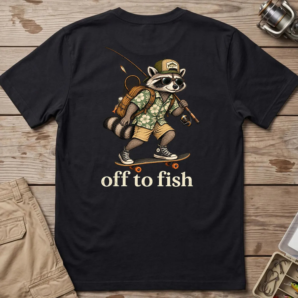 Off to Fish Raccoon T-Shirt in Black