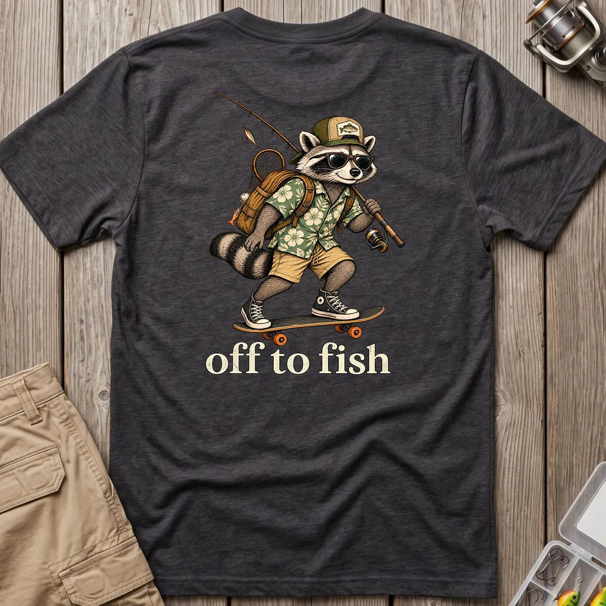 Off to Fish Raccoon T-Shirt in Dark Heather