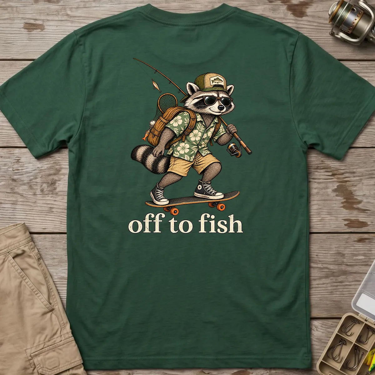 Off to Fish Raccoon T-Shirt in Forest Green