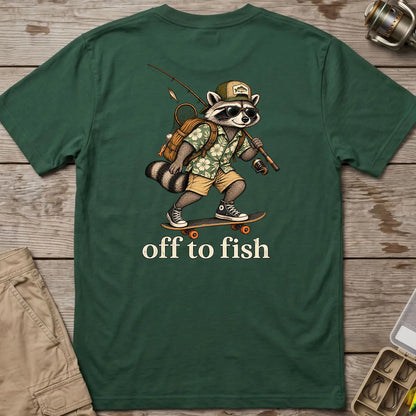 Off to Fish Raccoon T-Shirt in Forest Green