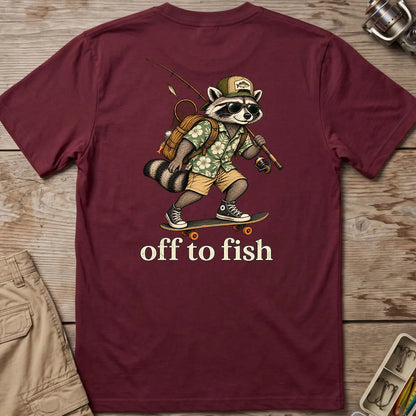 Off to Fish Raccoon T-Shirt in Maroon