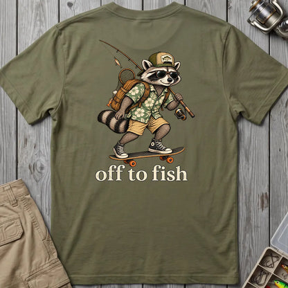 Off to Fish Raccoon T-Shirt in Military Green
