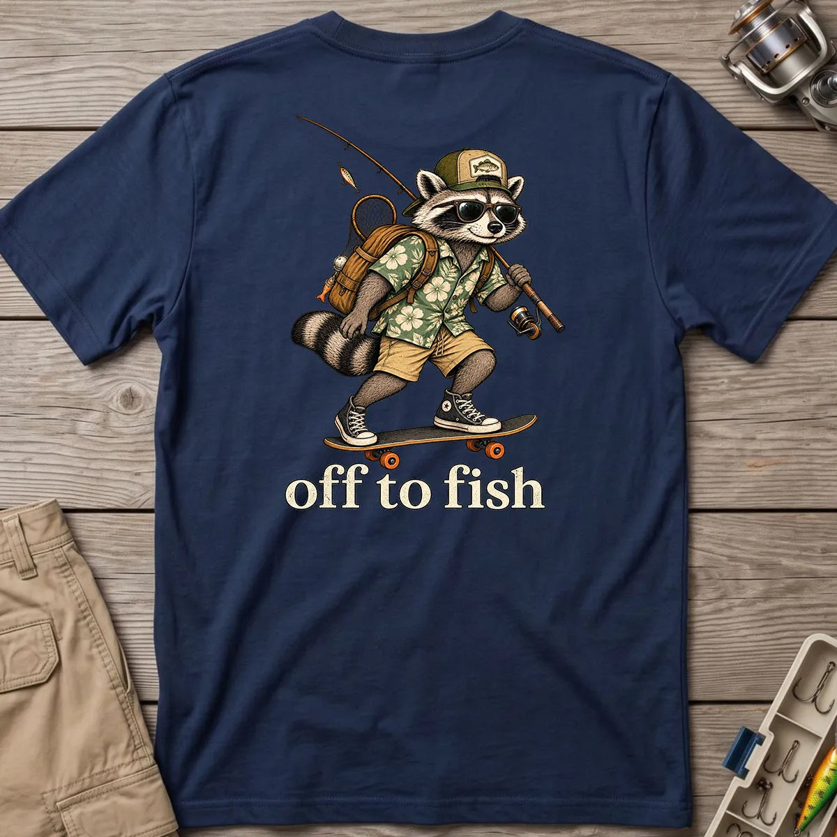 Off to Fish Raccoon T-Shirt in Navy