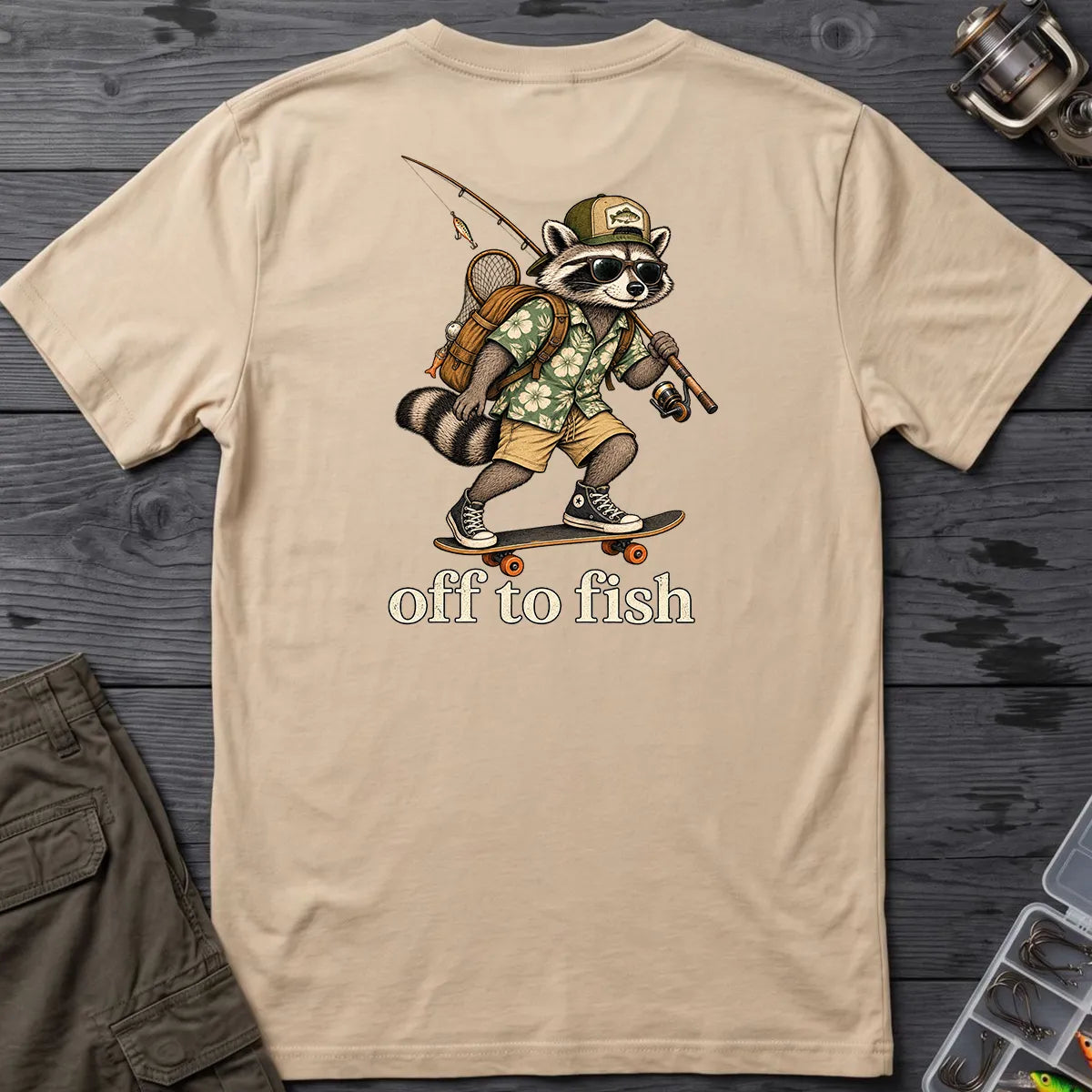 Off to Fish Raccoon T-Shirt in Sand